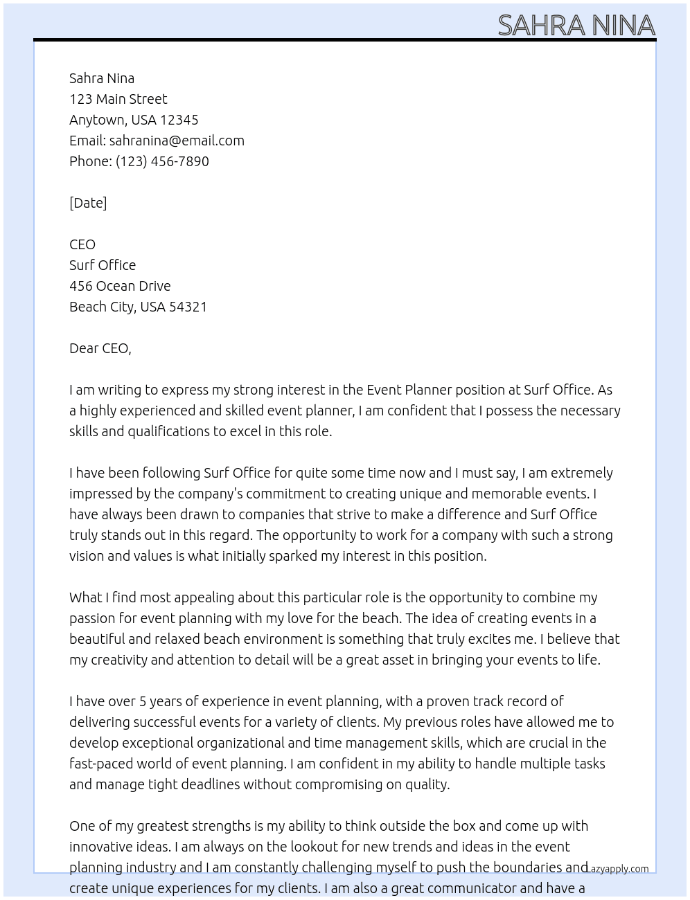 Event planner At  Surf office Cover Letter