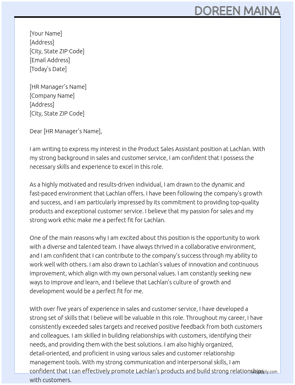 Product sales assistant  At Lachlan  Cover Letter