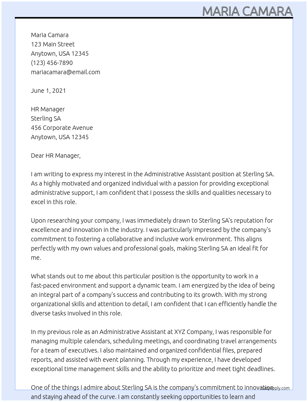 Administrative assistant At Sterling SA Cover Letter