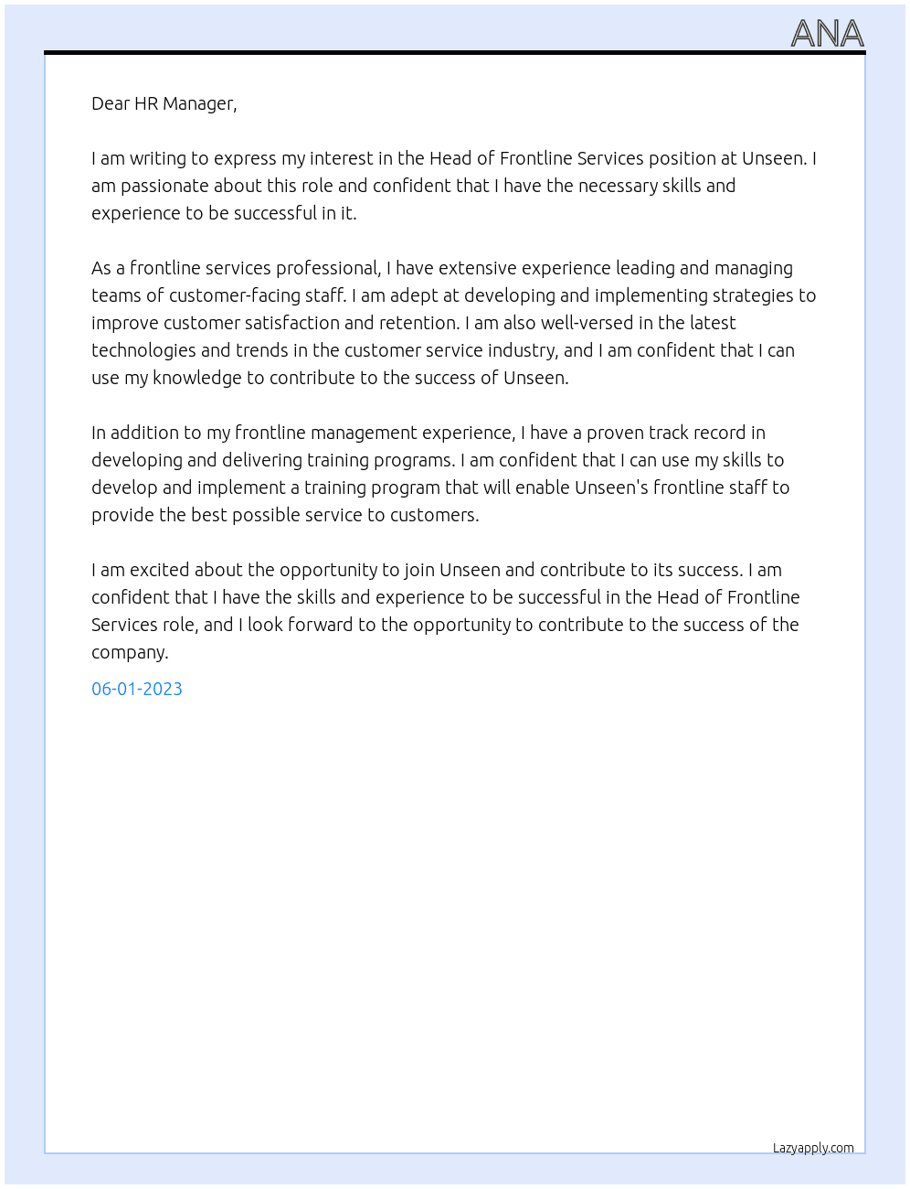head of frontline services At unseen Cover Letter
