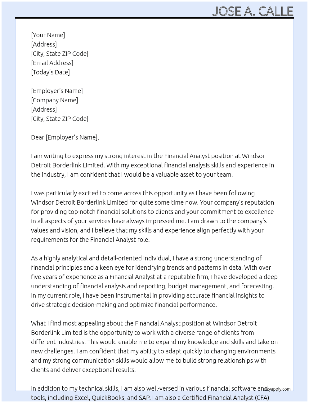 Financial Analyst At  Windsor Detroit Borderlink Limited Cover Letter