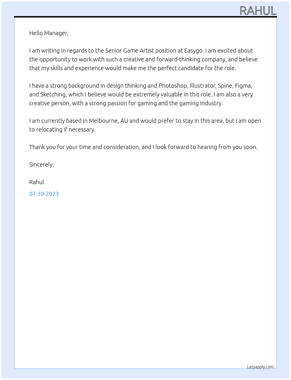 Senior Game Artist At Easygo Cover Letter