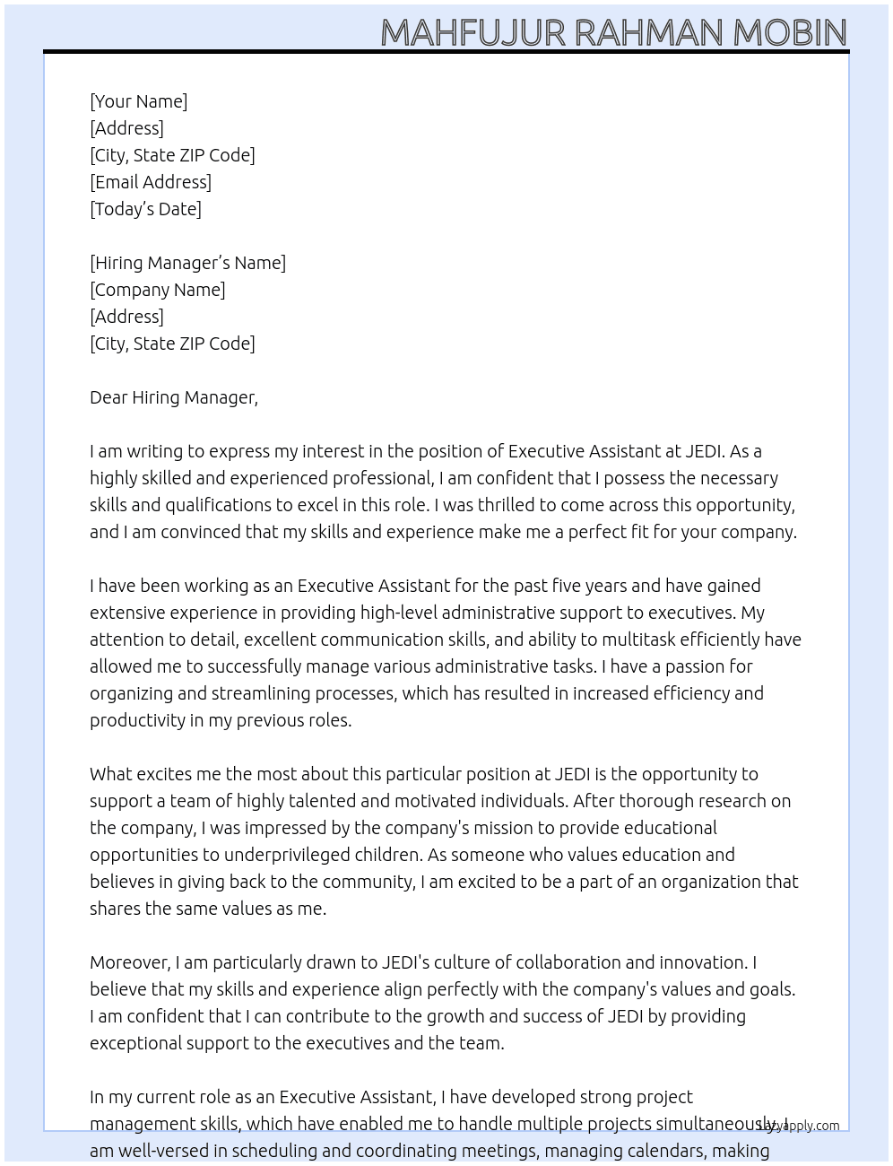 Executive Assistant At  JEDI Cover Letter