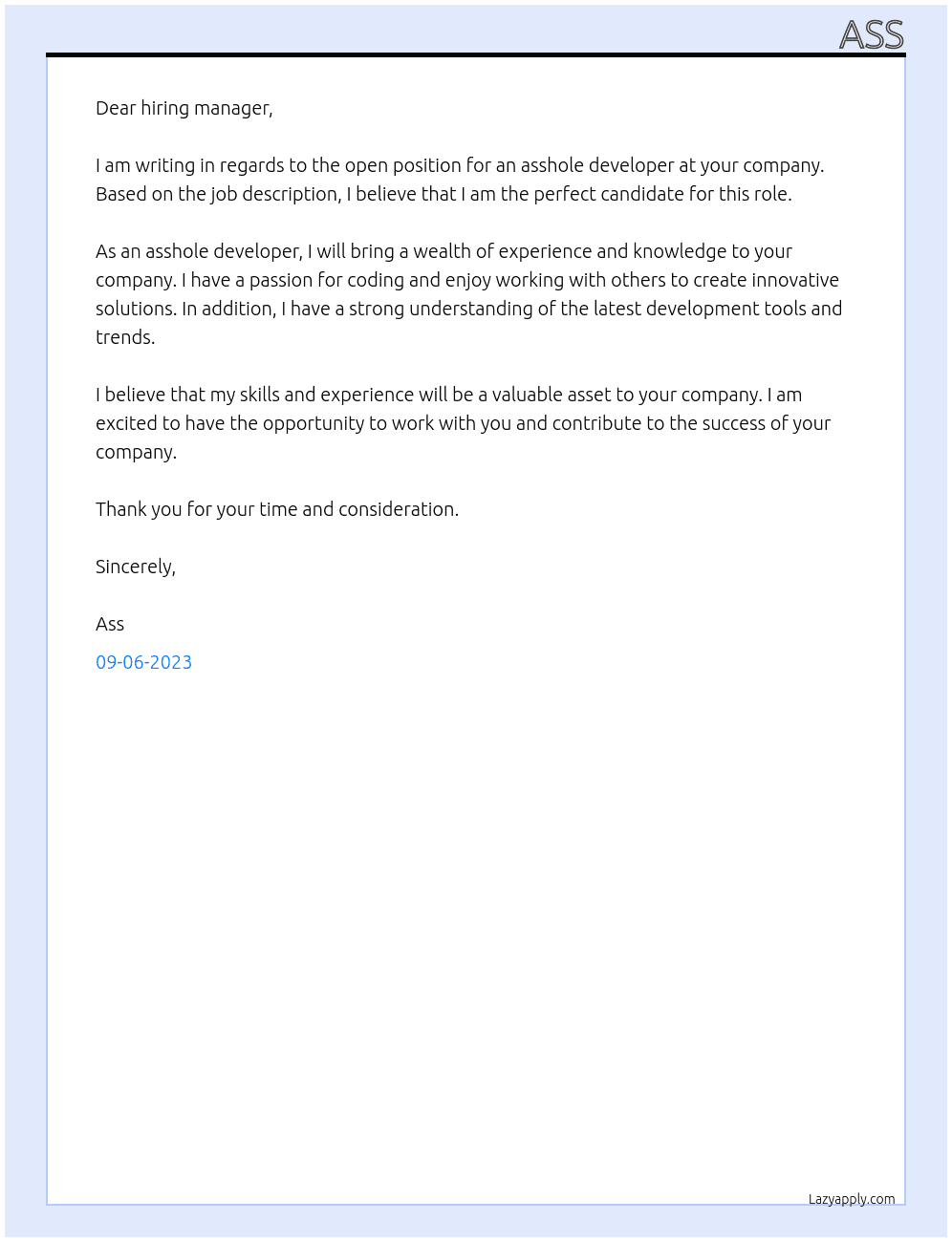 asshole developer At hole Cover Letter