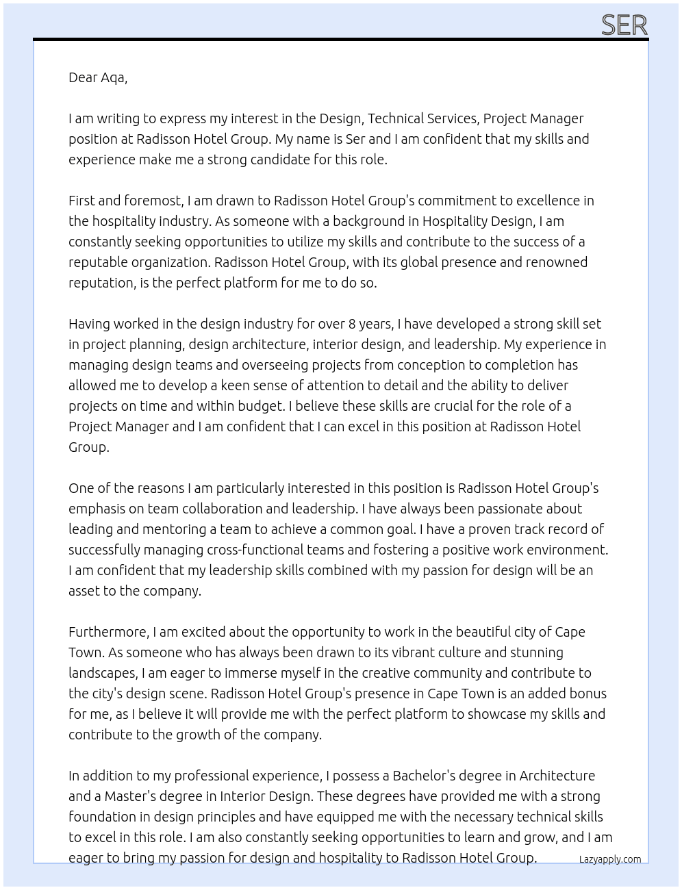 Design, Technical Services, Project Manager At radisson Hotel Group Cover Letter