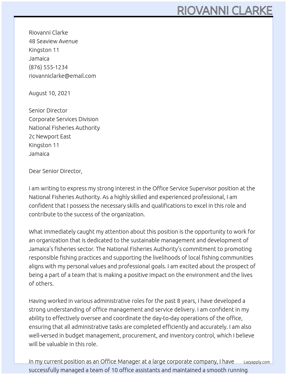 Office Service Supervisor At National Fisheries Authority Cover Letter