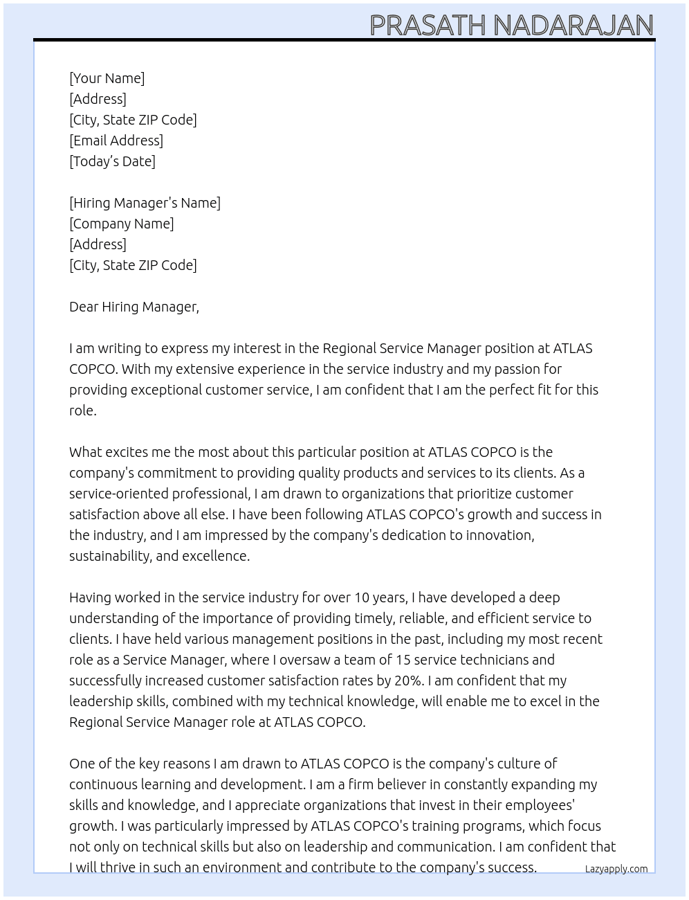 Regional Service manager At ATLAS COPCO Cover Letter