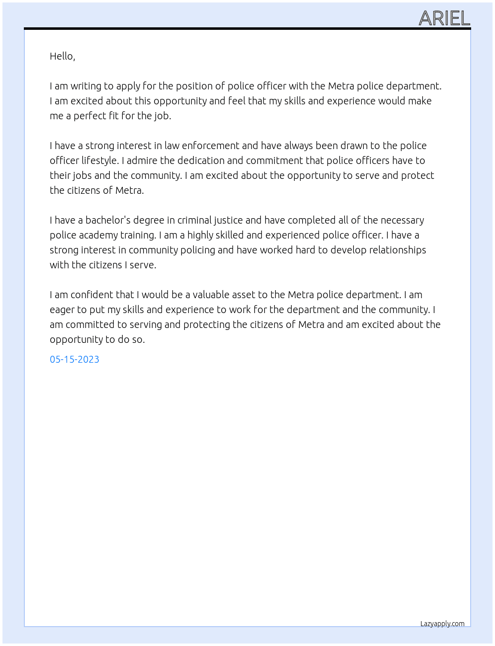 Police officer  At metra police department  Cover Letter