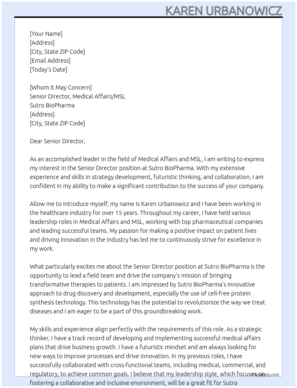 Senior Director, Medical Affairs/MSL At Sutro BioPharma Cover Letter