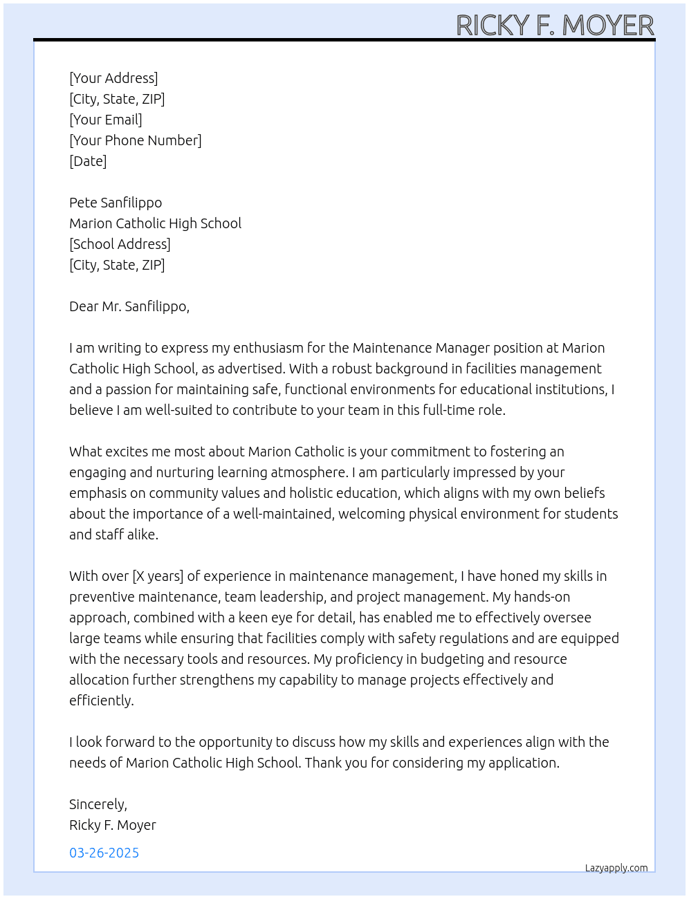 Cover letter for maintenance manager - LazyApply