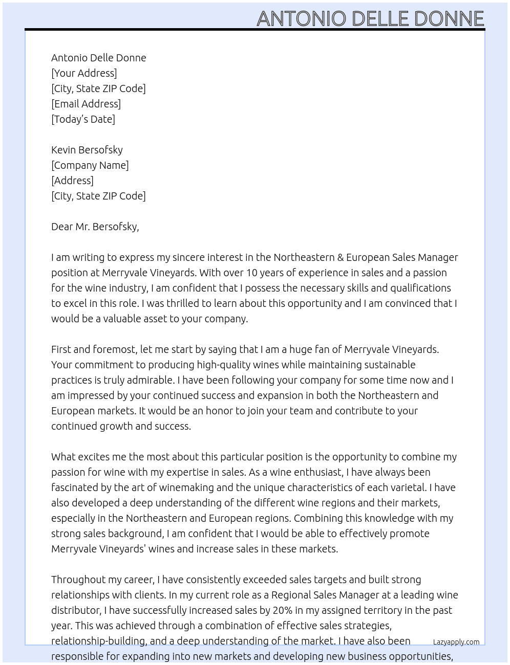Northeastern & European Sales Manager At Merryvale Vineyards Cover Letter
