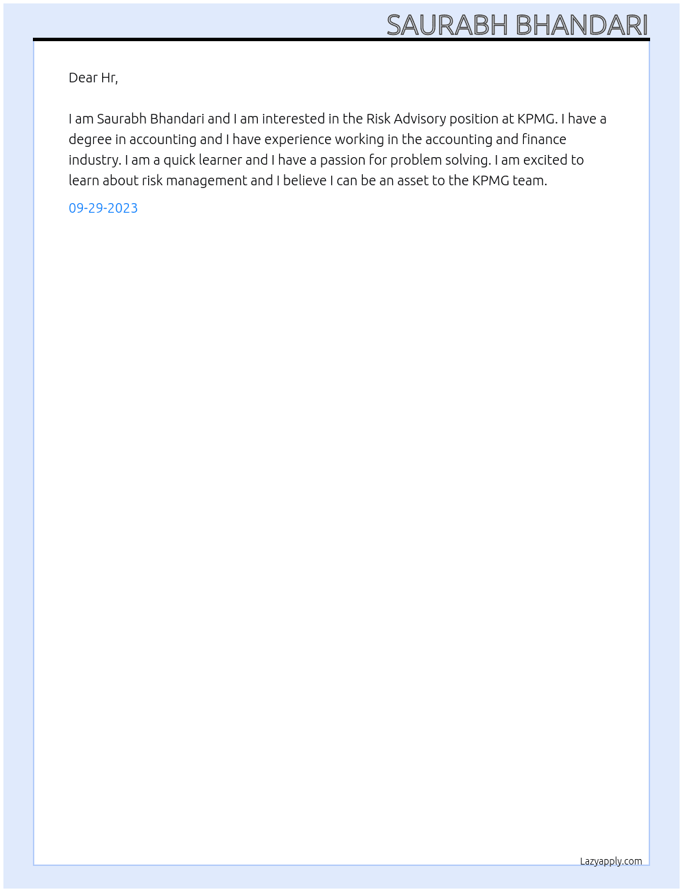 Cover letter for risk advisory - LazyApply
