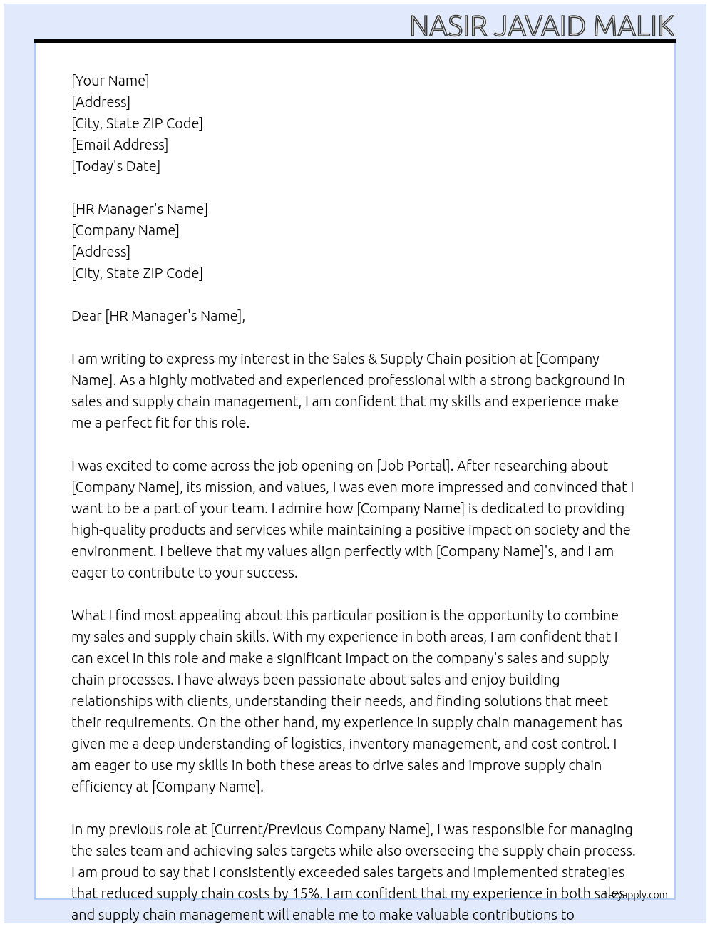Sales & Supply Chain At Looking Opportunity Cover Letter