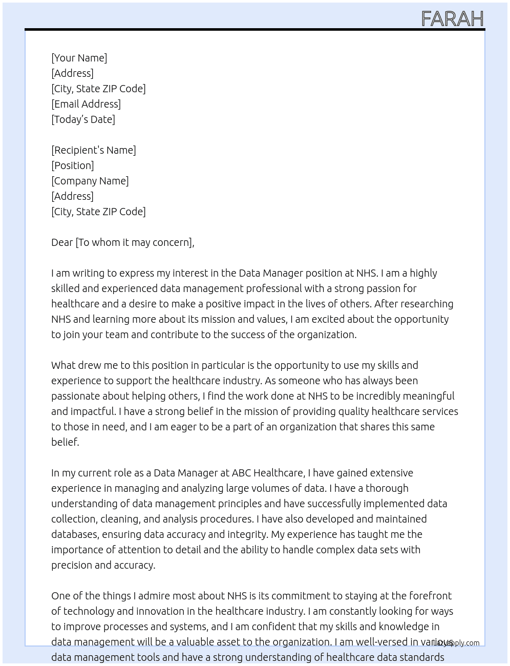 data manager At NHS Cover Letter