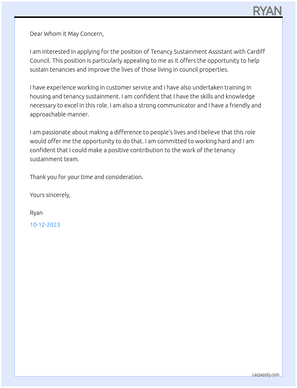 TENANCY SUSTAINMENT ASSISTANT At Cardiff Council Cover Letter
