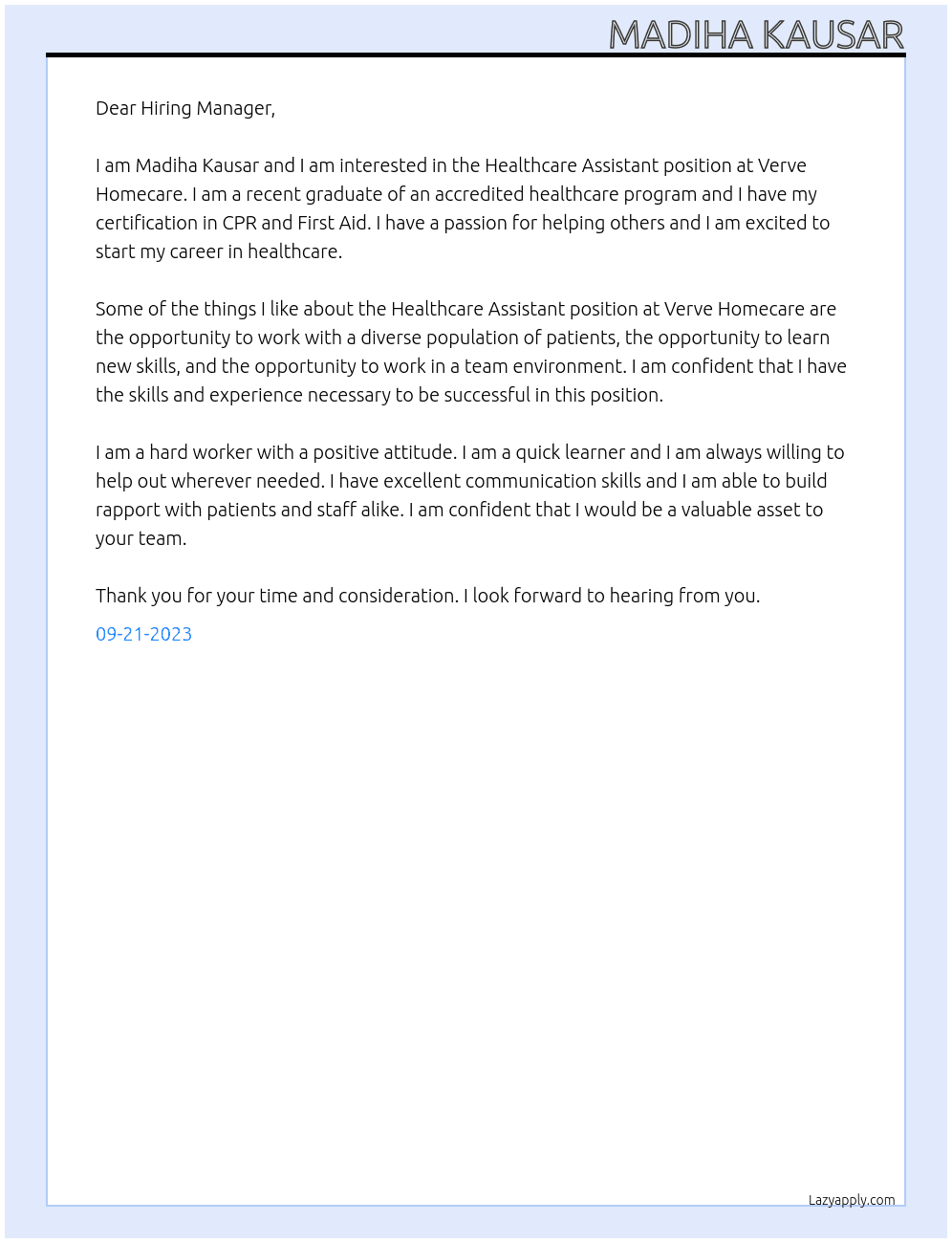 Healthcare assistance At Verve Homecare Cover Letter