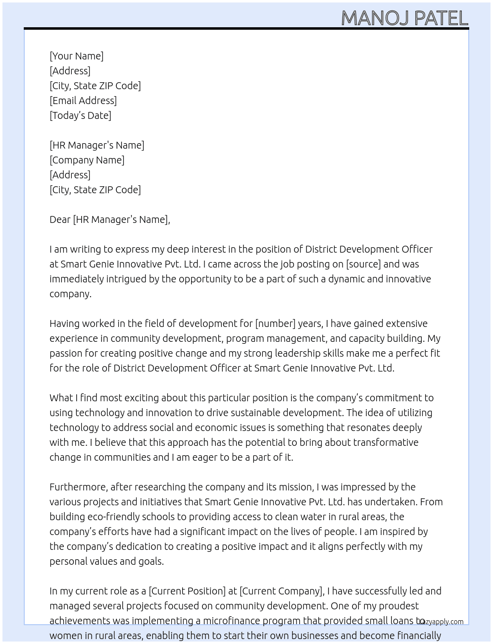 District devlpopment officer At smart genie innovative pvt.ltd. Cover Letter