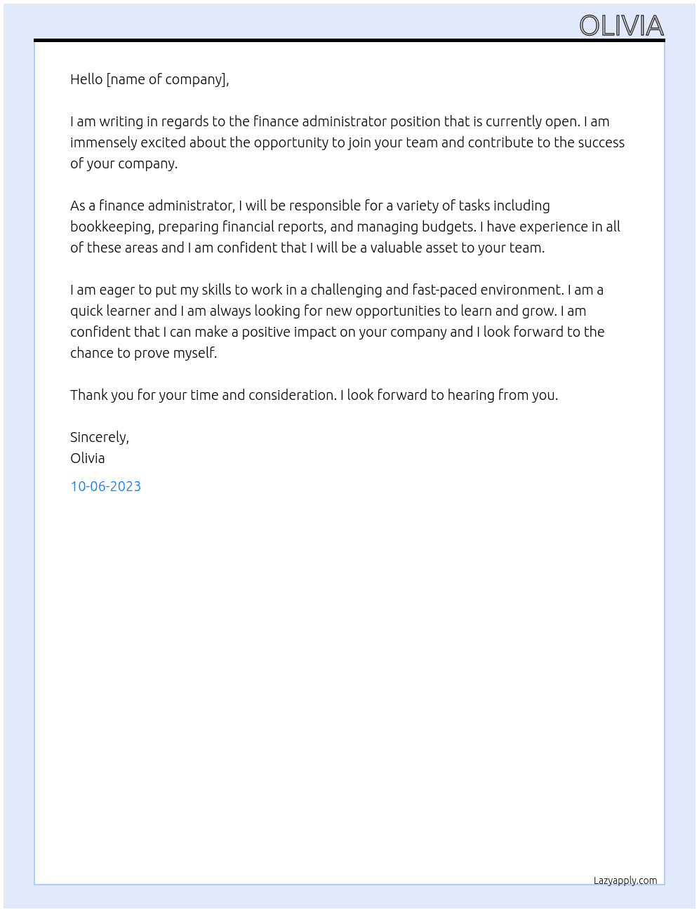 finance administrator At . Cover Letter