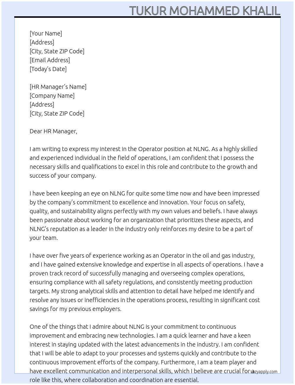Operator  At Nlng Cover Letter