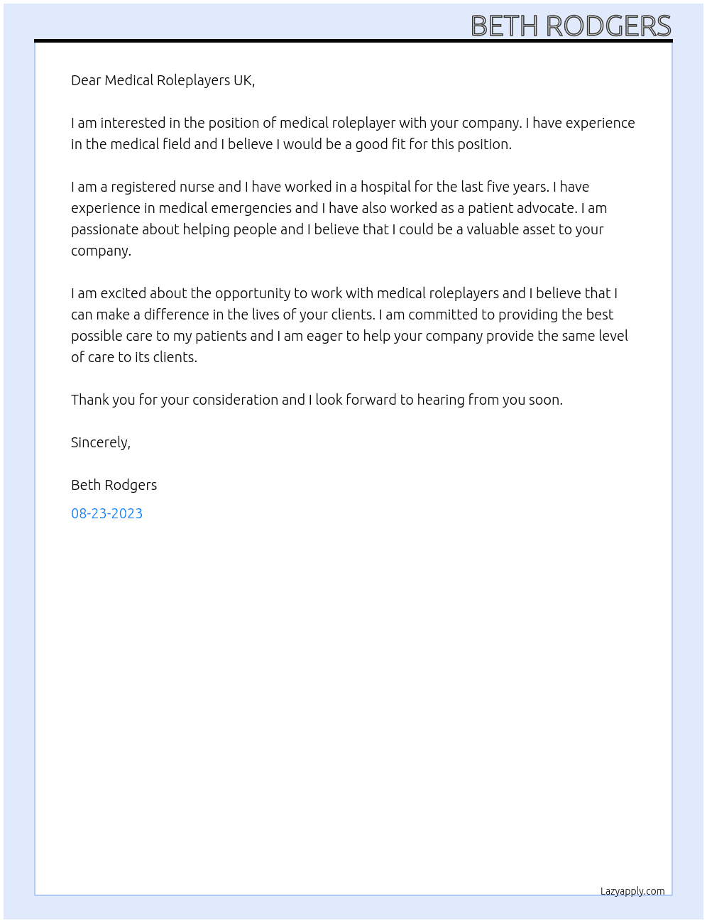 Medical Roleplayer At Medical Roleplayers UK Cover Letter