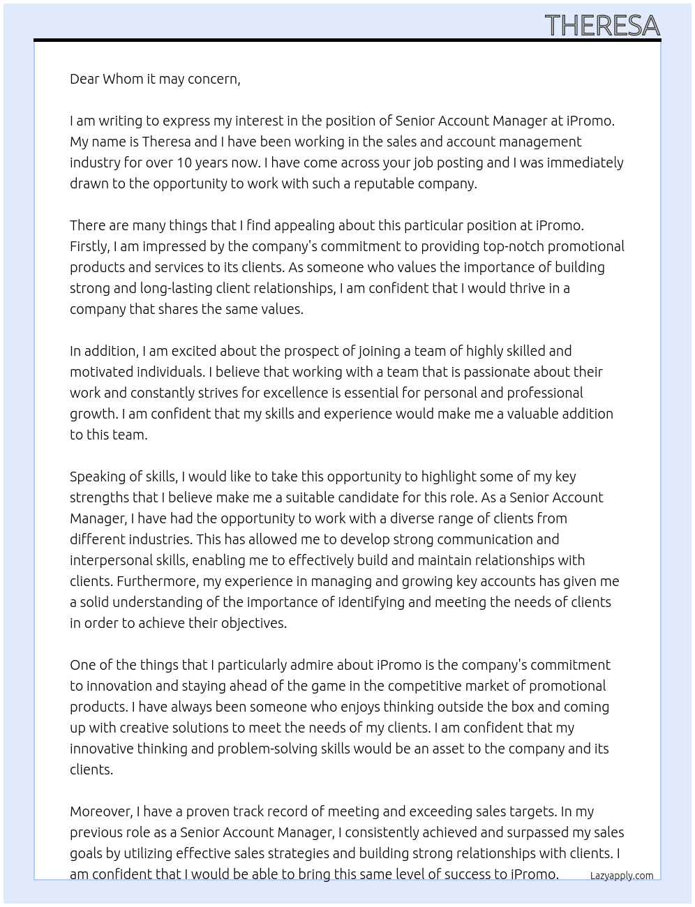 Senior Account Manager At iPromo Cover Letter