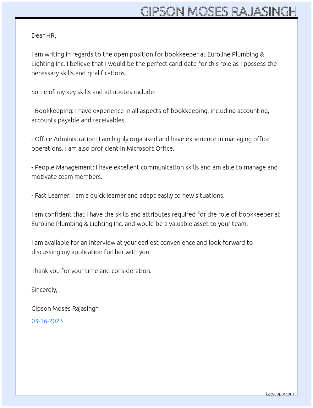 Bookkeeper  At Euroline Plumbing & Lighting Inc. Cover Letter