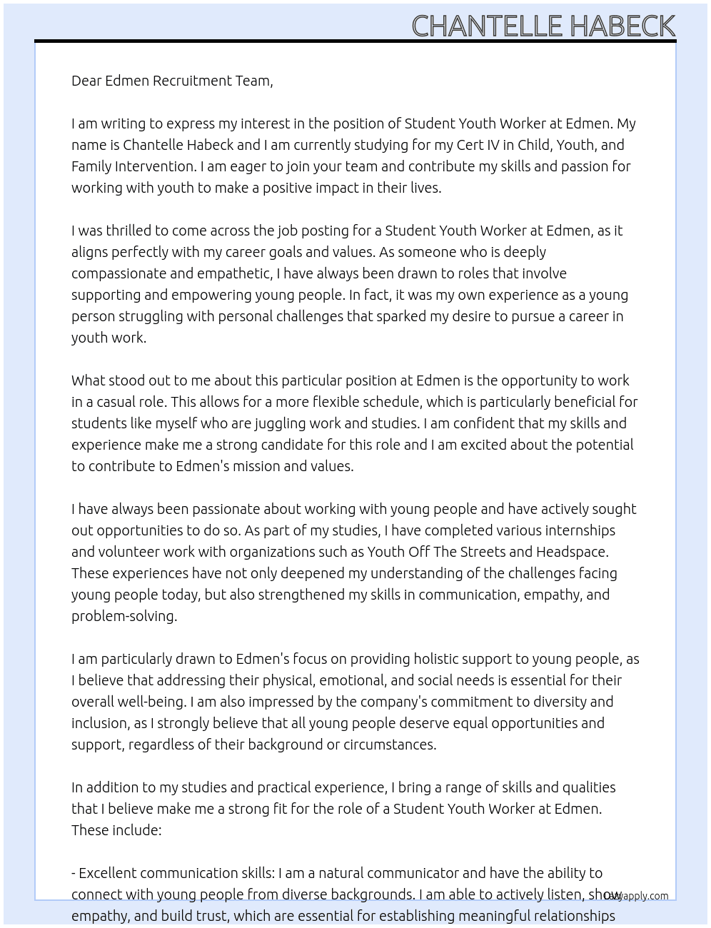 Student Youth Worker At Edmen Cover Letter