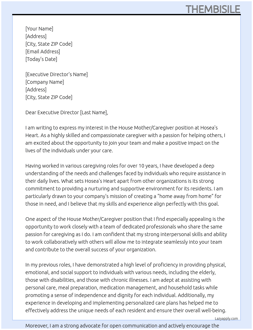 Cover letter for house mother/caregiver - LazyApply