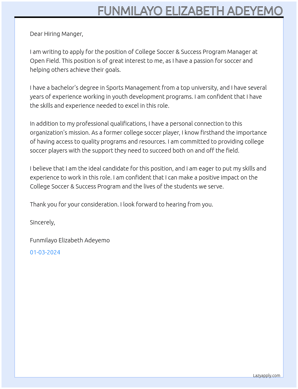 College Soccer & Success Program Manager At Open Field Cover Letter