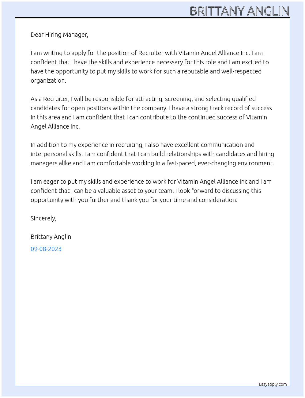 Recruiter At Vitamin Angel Alliance Inc Cover Letter