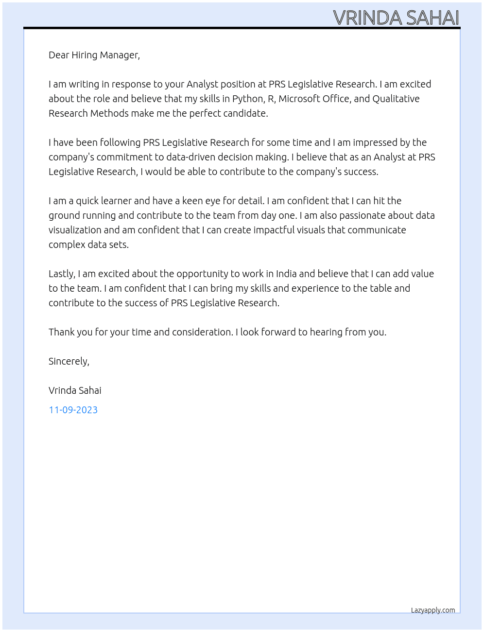 Analyst At PRS Legislative Research Cover Letter