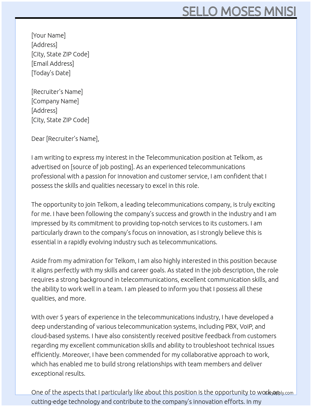 Telcommunication At Telkom Cover Letter
