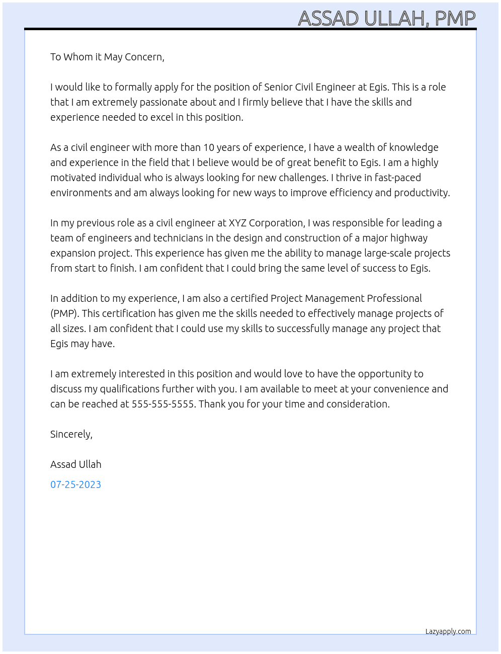 Senior Civil Engineer At Egis Cover Letter