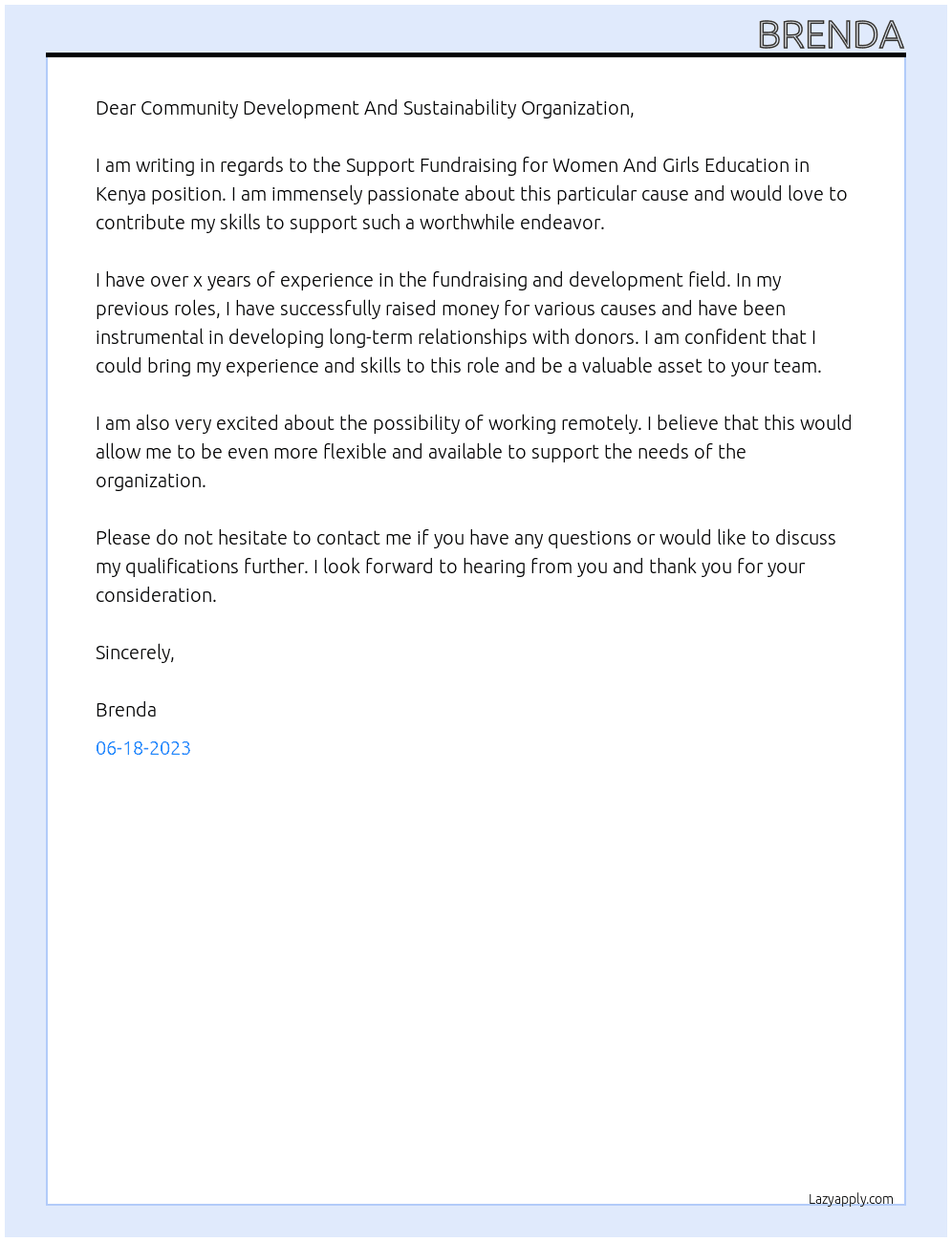 Support Fundraising for Women And Girls Education in Kenya At Community Development And Sustainability Organization Cover Letter