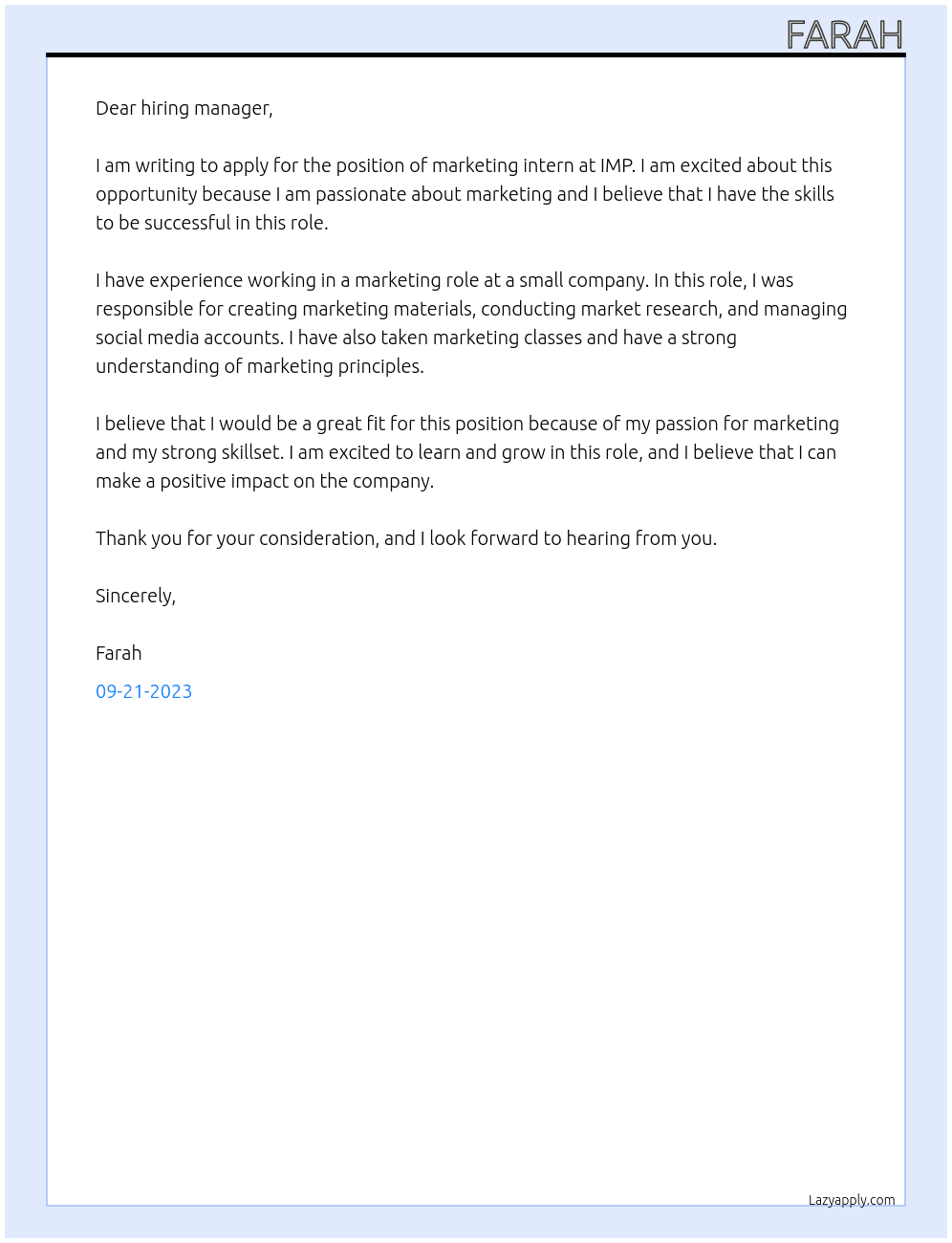 marketing intern  At IMP Cover Letter