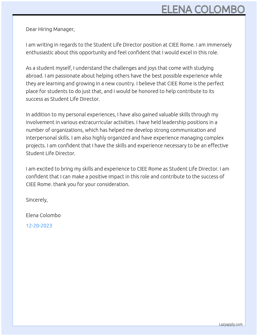 Student Life Director At CIEE Rome Cover Letter