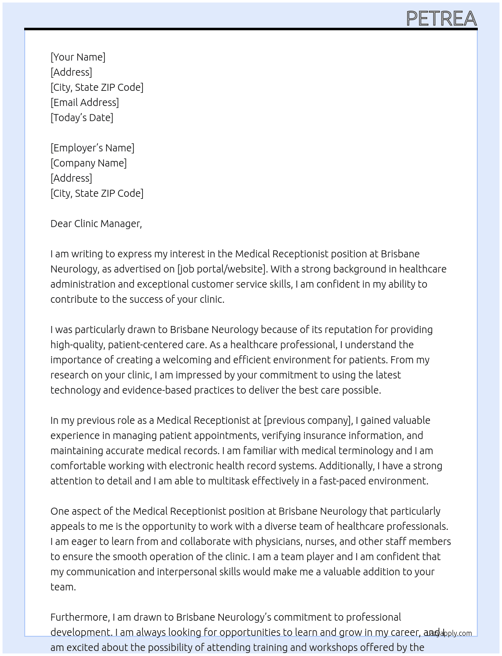 Medical Receptionist At Brisbane Neurology Cover Letter