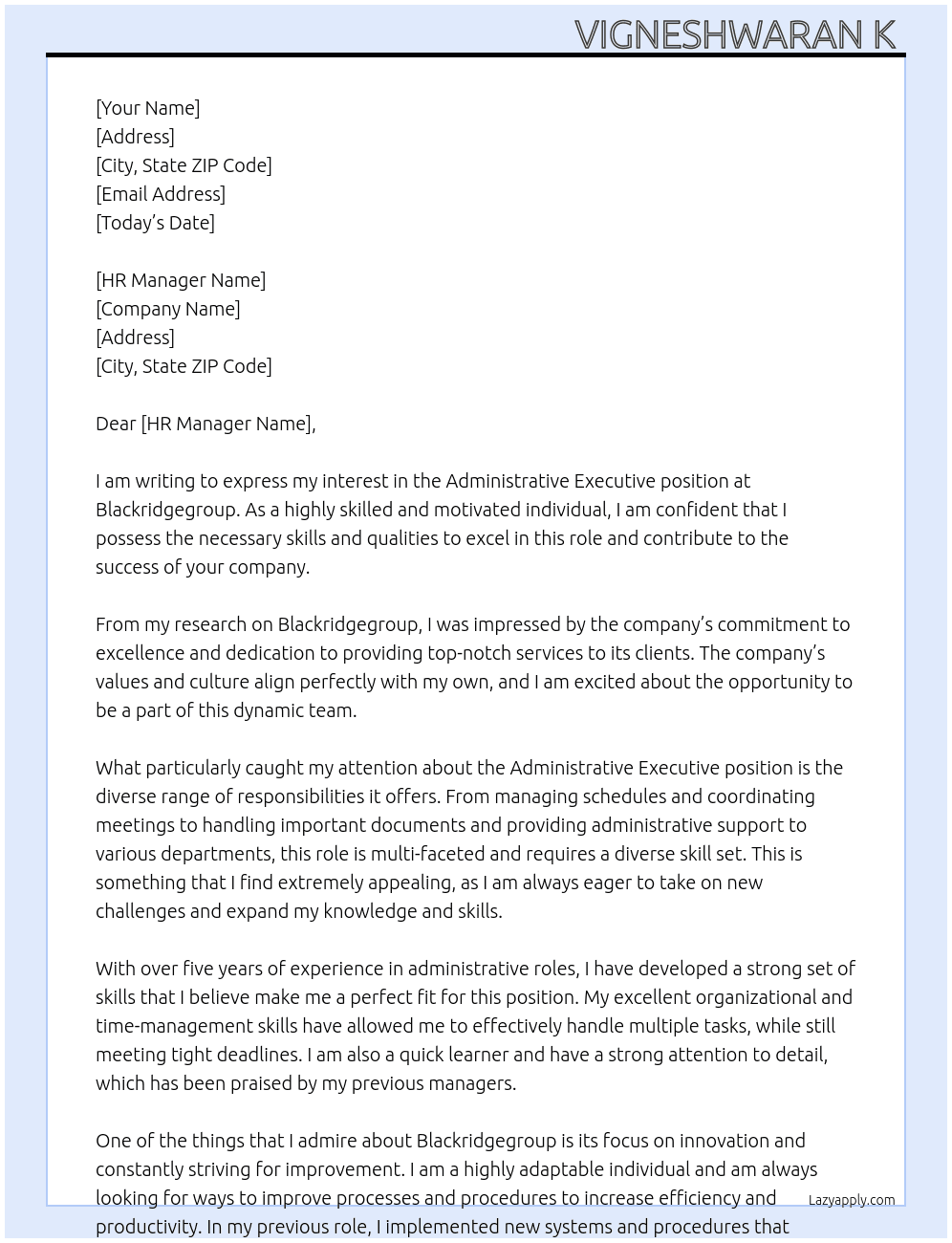 Administrative executive  At Blackridgegroup Cover Letter