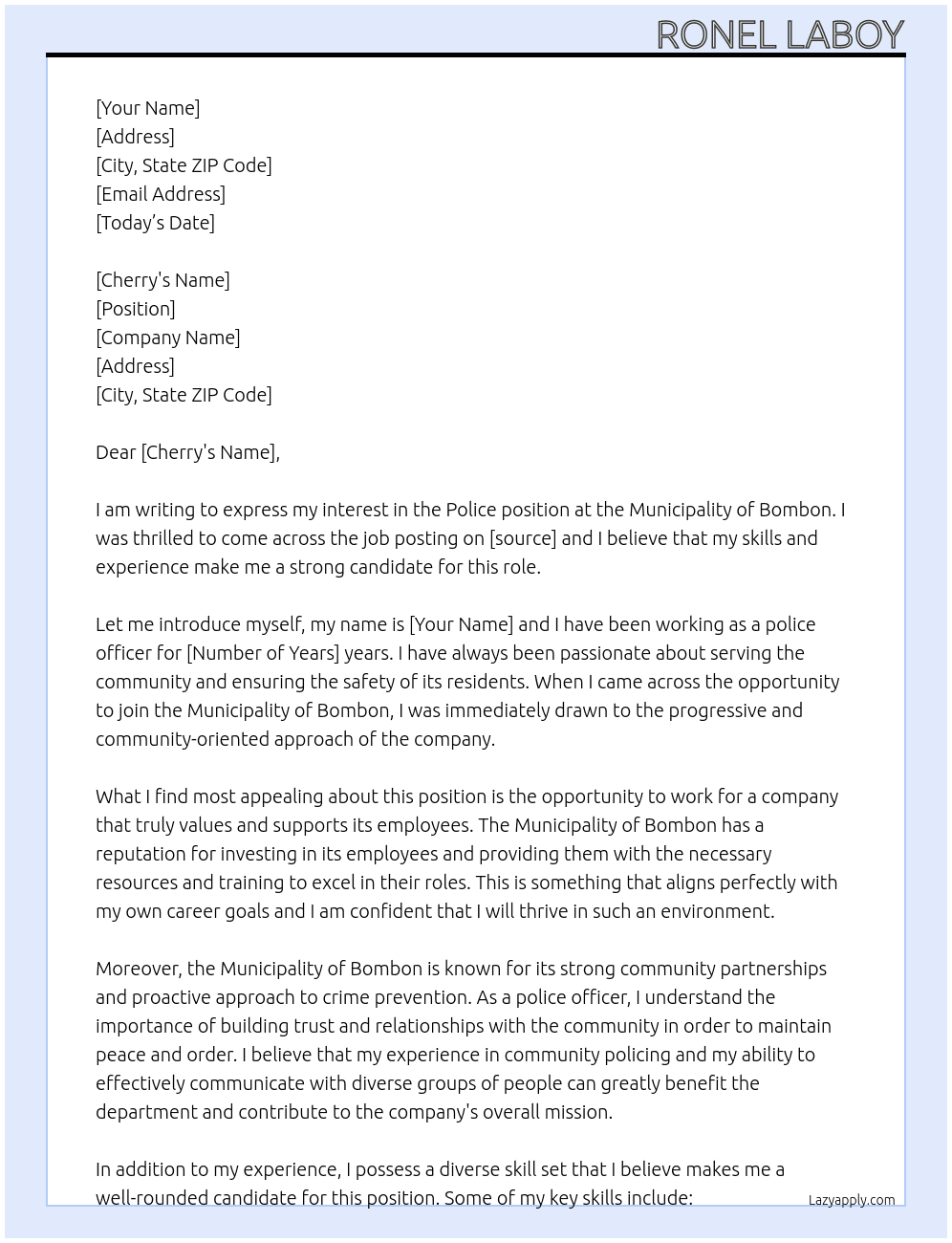 police  At Municipality of Bombon  Cover Letter