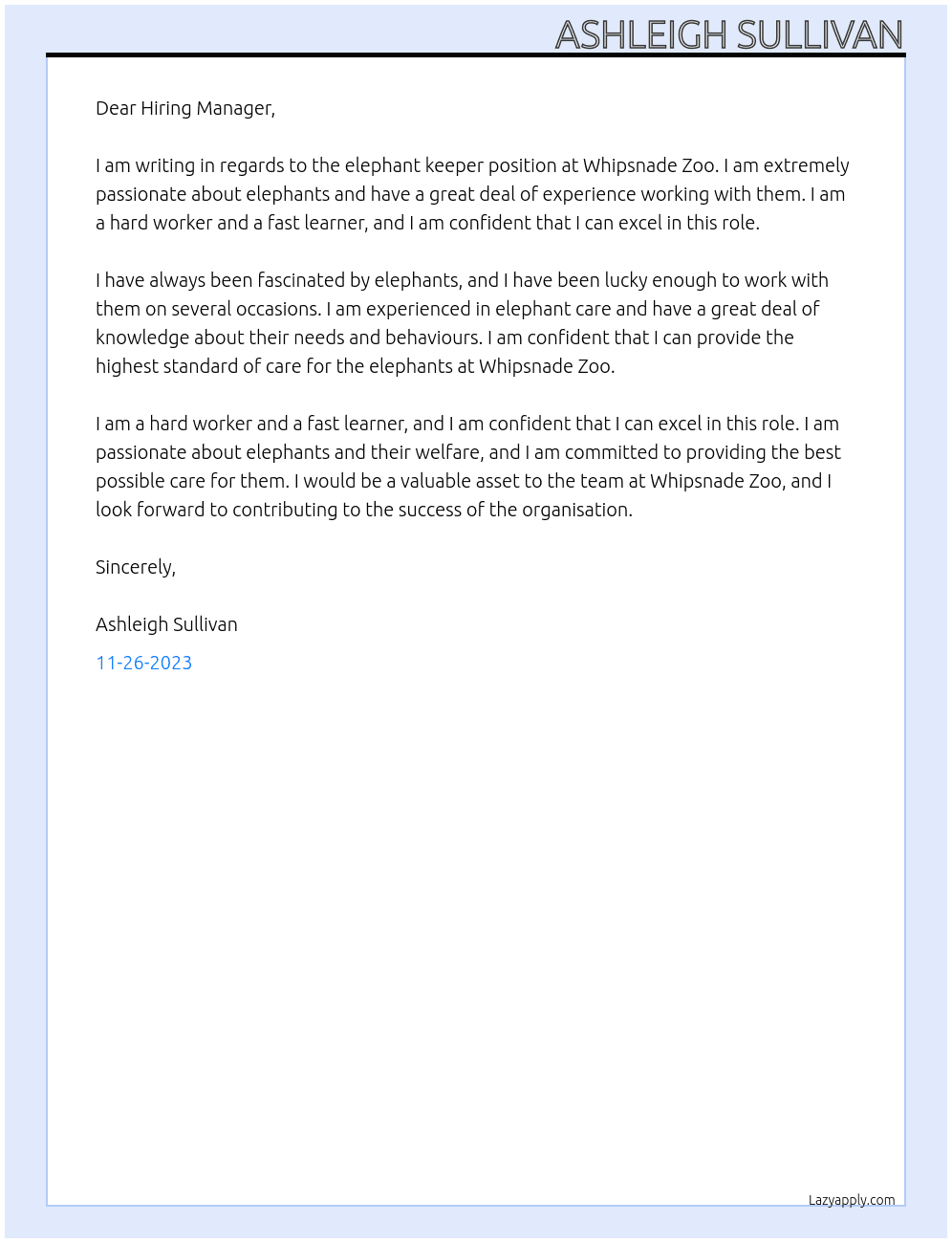 Cover letter for elephant keeper - LazyApply