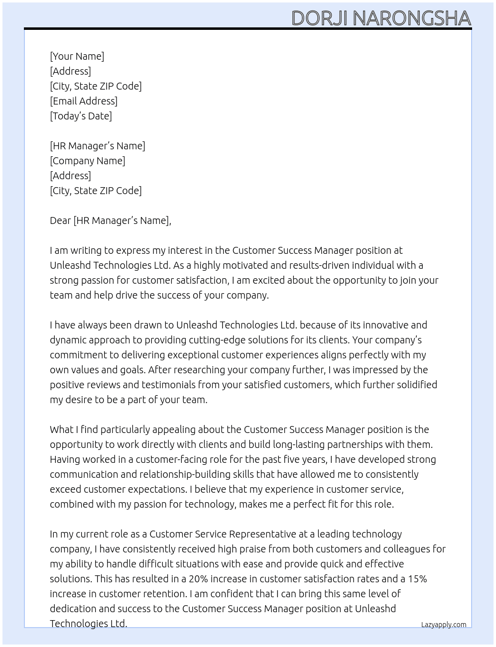 Customer Success Manager At Unleashd Technologies Ltd. Cover Letter