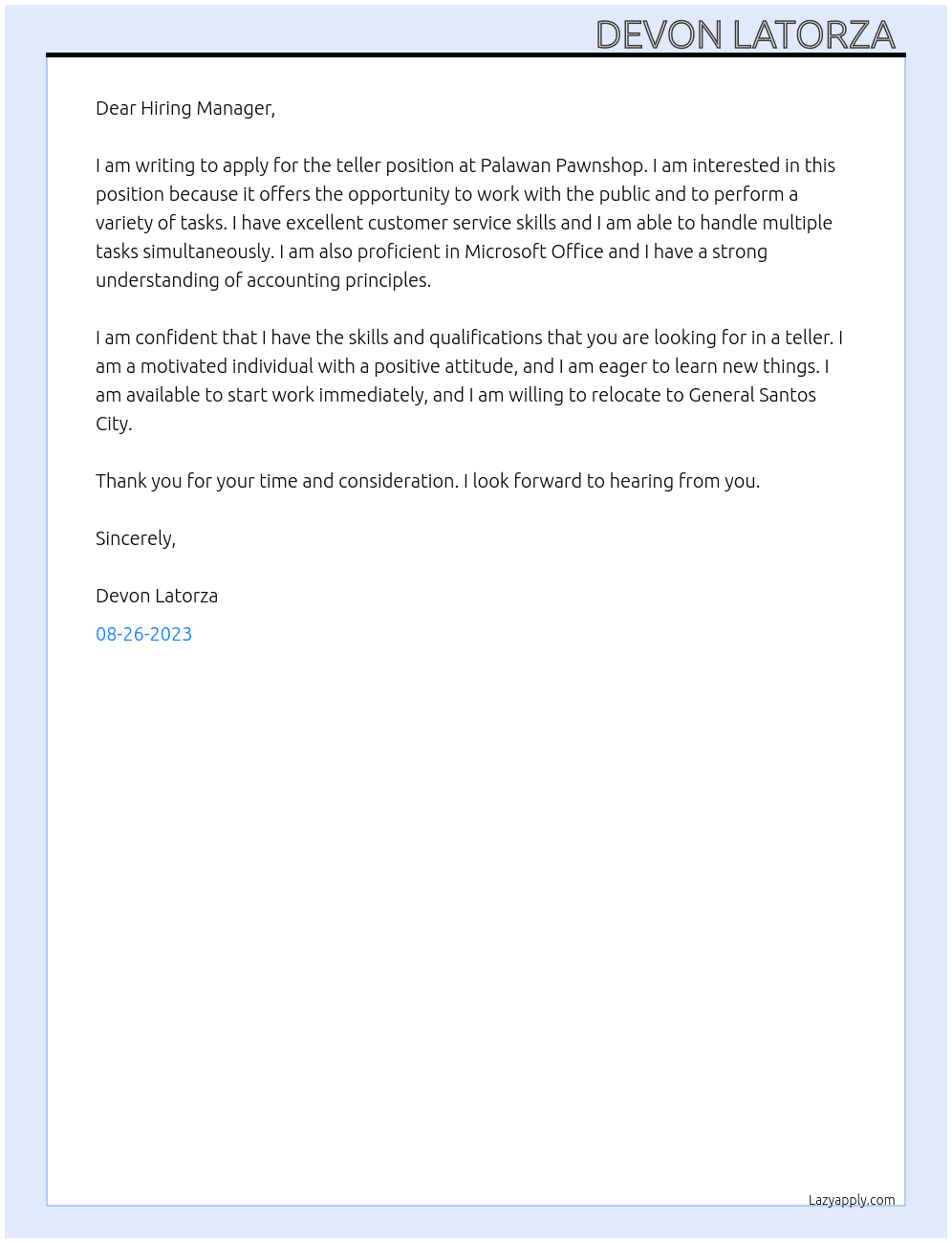 Teller At Palawan pawnshop  Cover Letter
