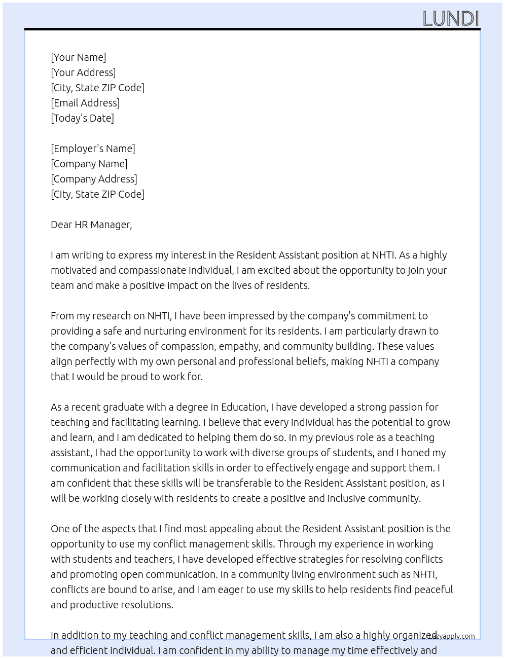 Resident Assistant At NHTI Cover Letter