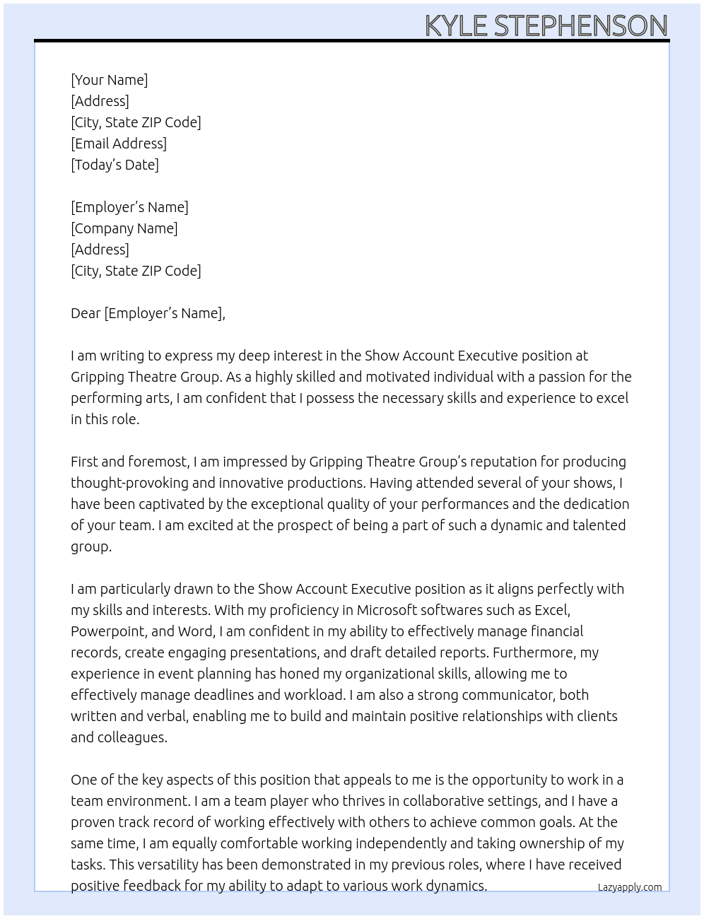 Show Account Executive At Gripping Theatre Group Cover Letter