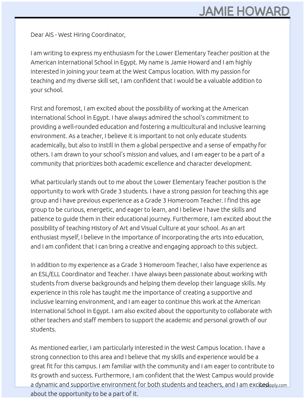 Lower Elementary Teacher  At American International School in Egypt Cover Letter