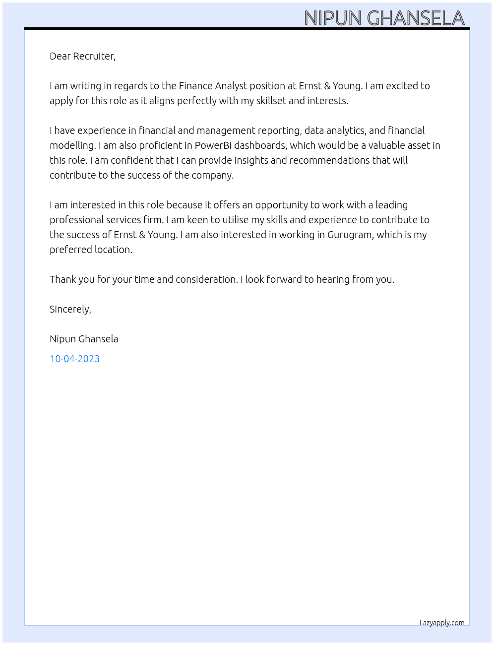Finance Analyst At Ernst & Young Cover Letter