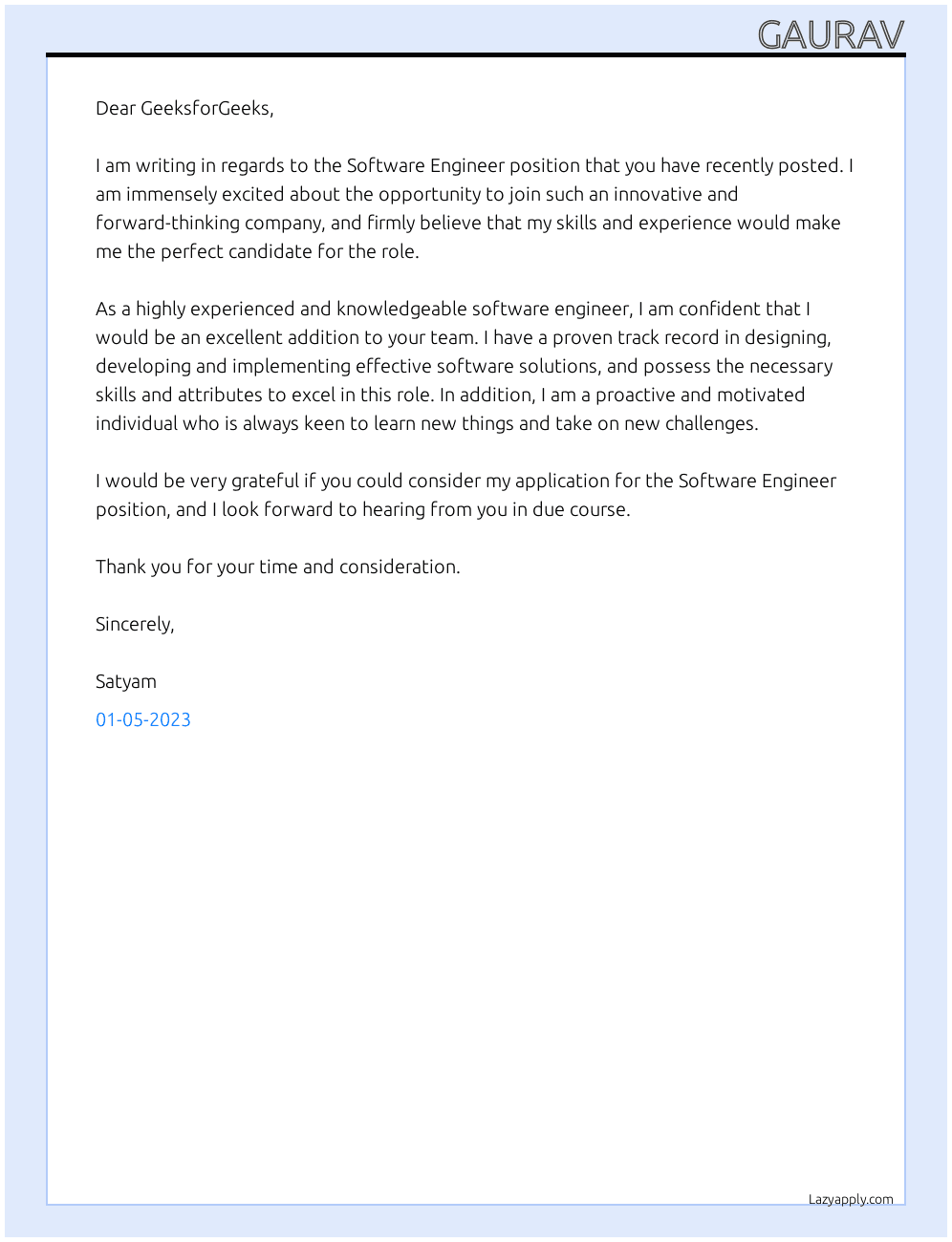 Software Engineer  At GeeksforGeeks  Cover Letter