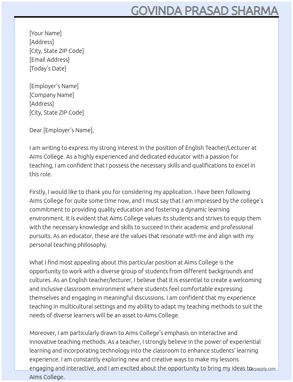 English teacher /lecturer At Aims College Cover Letter