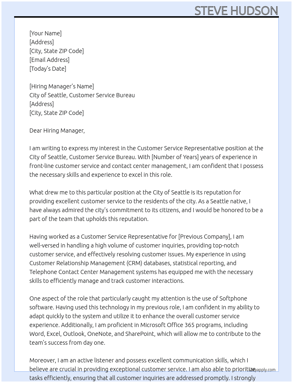 Customer Service Representative At City of Seattle, Customer Service Bureau Cover Letter