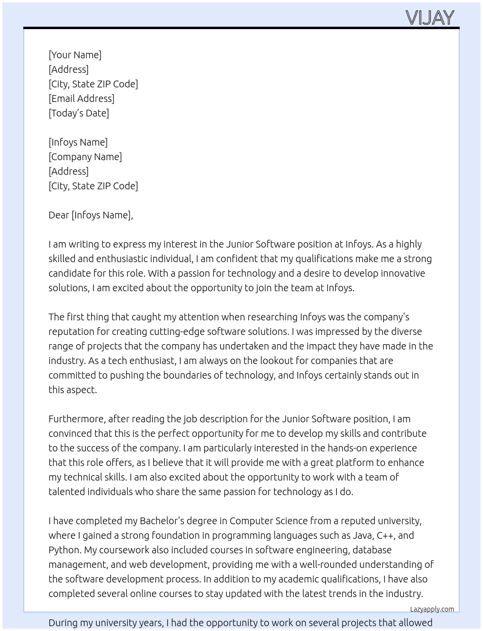 Cover letter for junior software - LazyApply